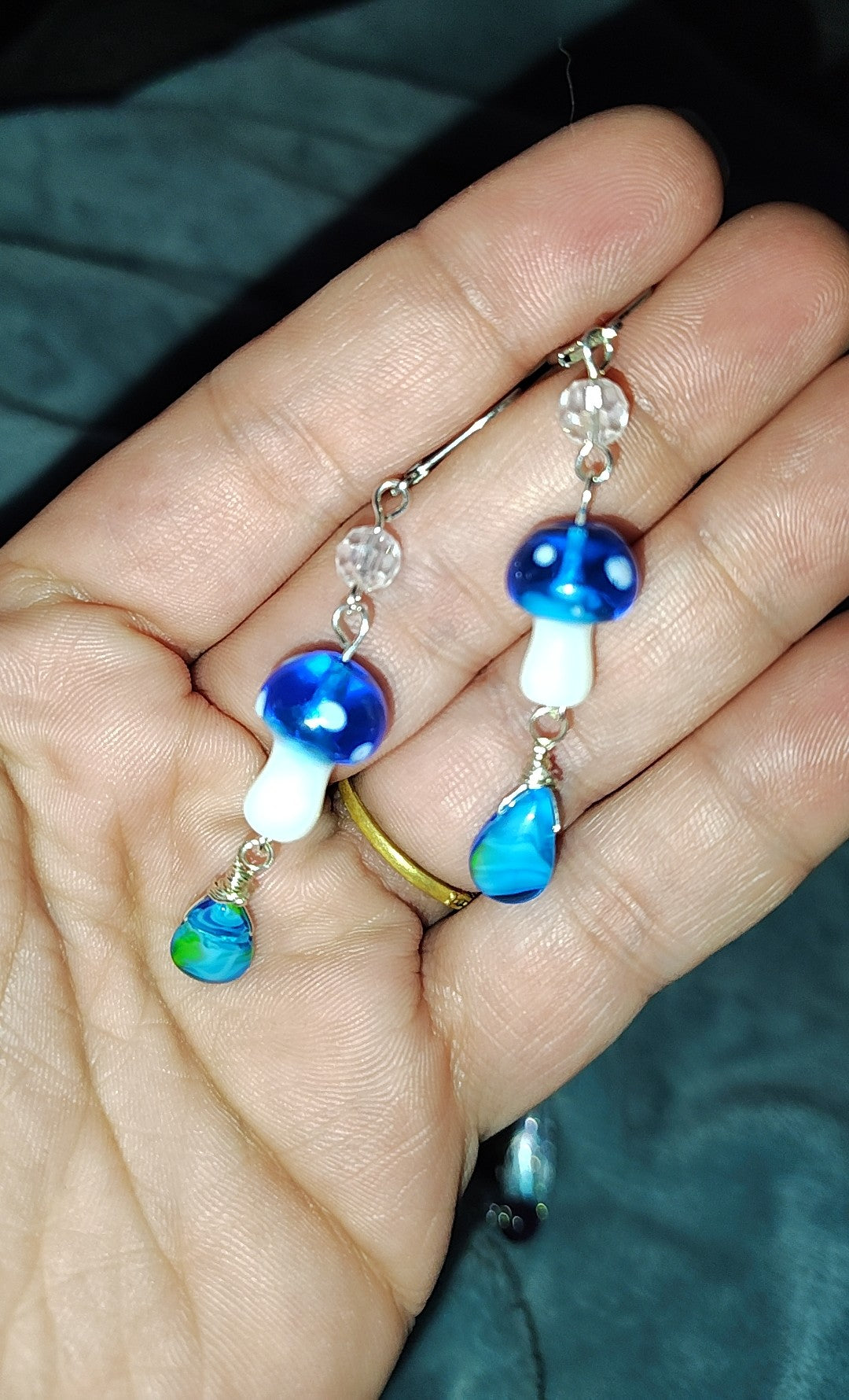 Blue Glass Mushroom Teardrop Dangle Earrings