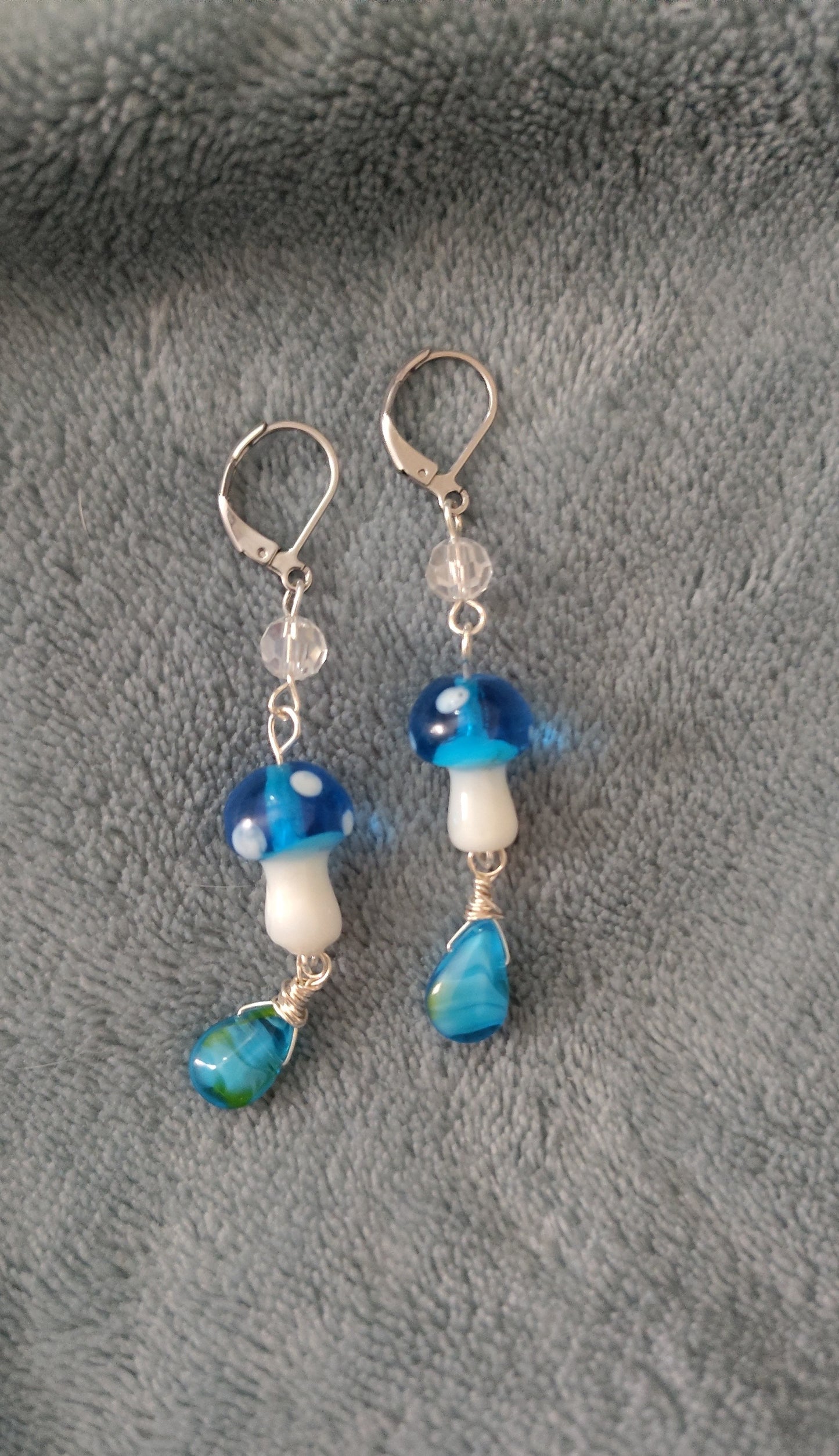 Blue Glass Mushroom Teardrop Dangle Earrings