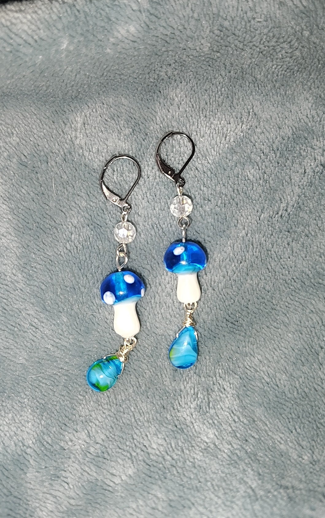 Blue Glass Mushroom Teardrop Dangle Earrings