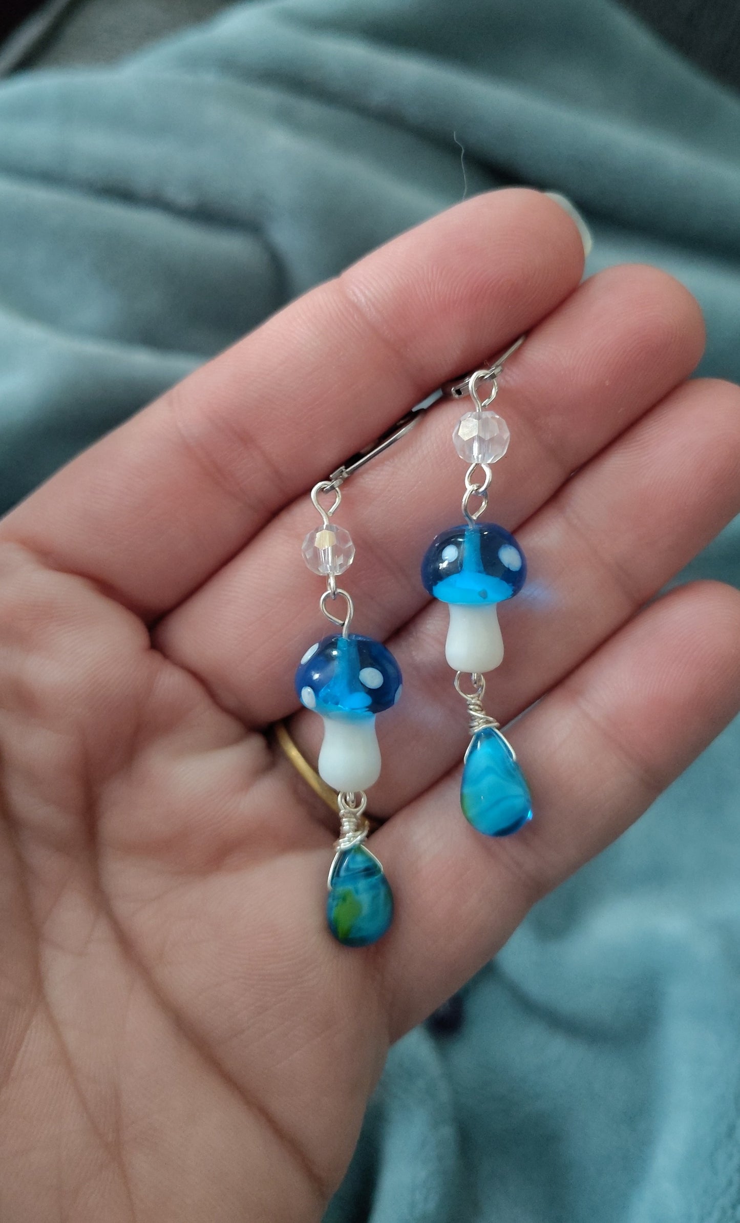 Blue Glass Mushroom Teardrop Dangle Earrings