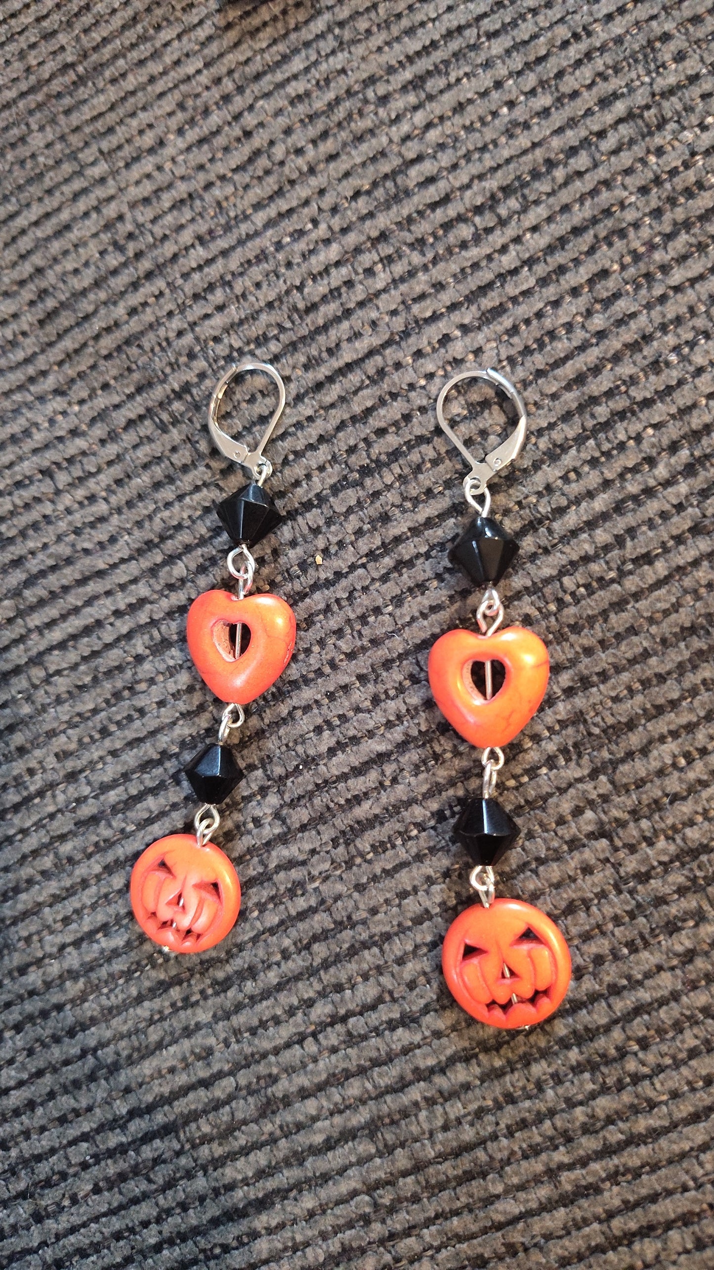 Long Dangle Halloween Heart and Pumpkin Earrings