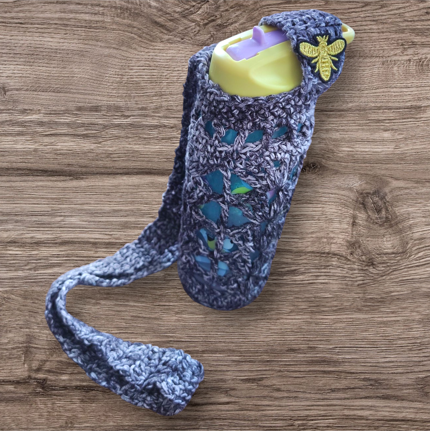Crocheted Water Bottle Holder - Black With Bee