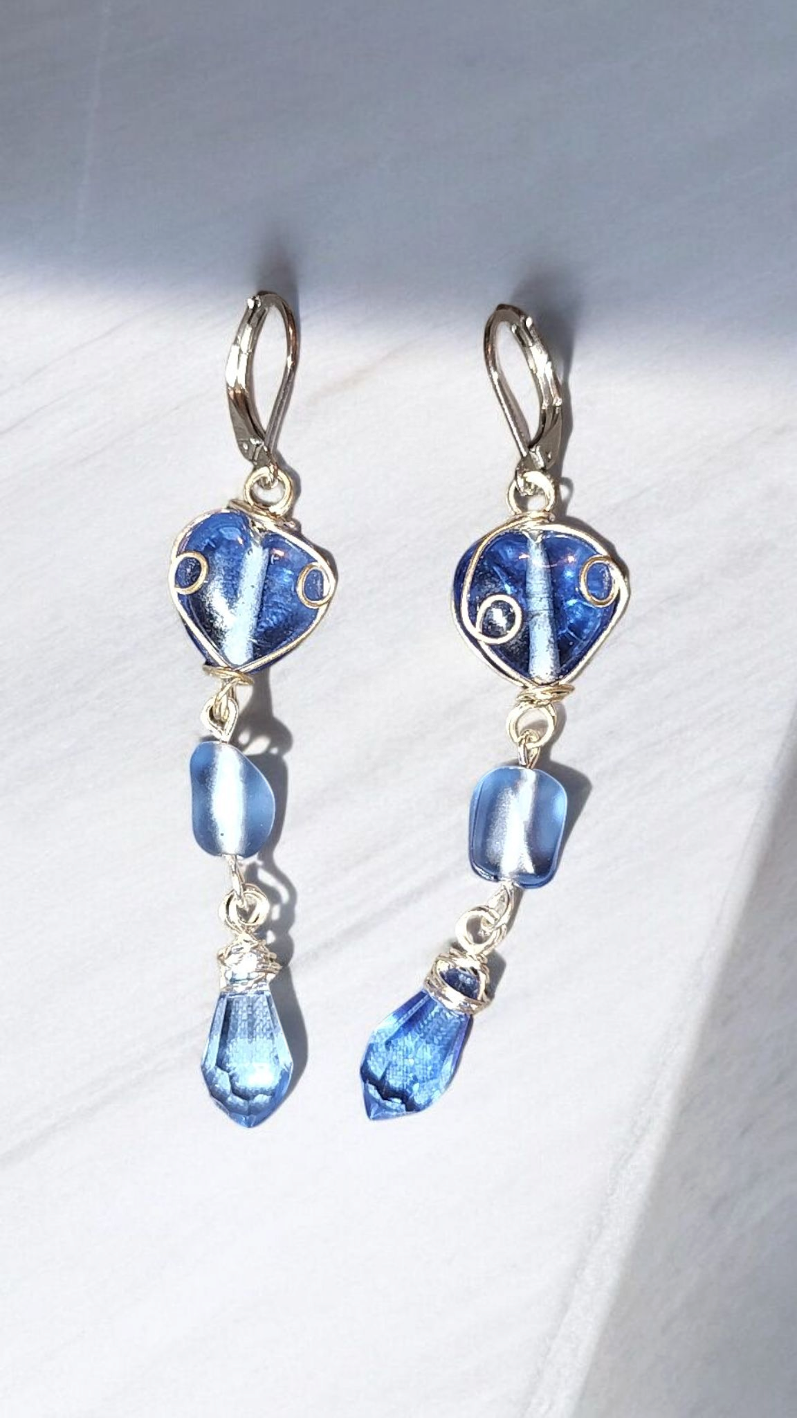 Blue Wire-Wrapped Heart Dangle Earrings
