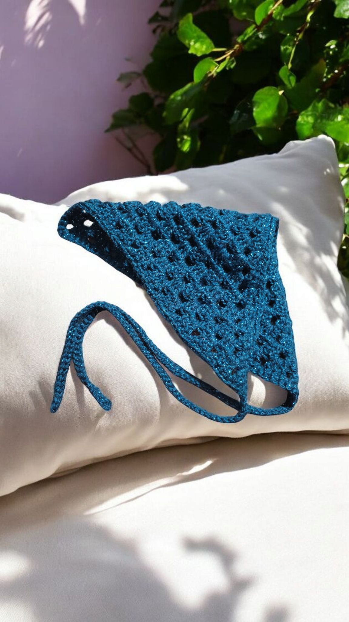 Crocheted Blue Sparkle Bandana Headscarf