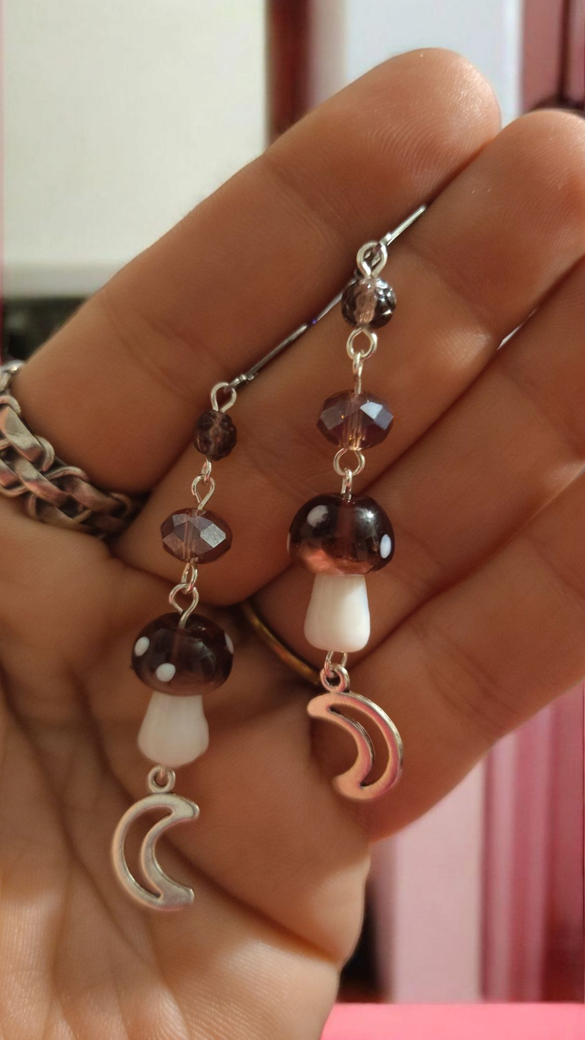 Purple Mushroom and Moon Dangle Earrings