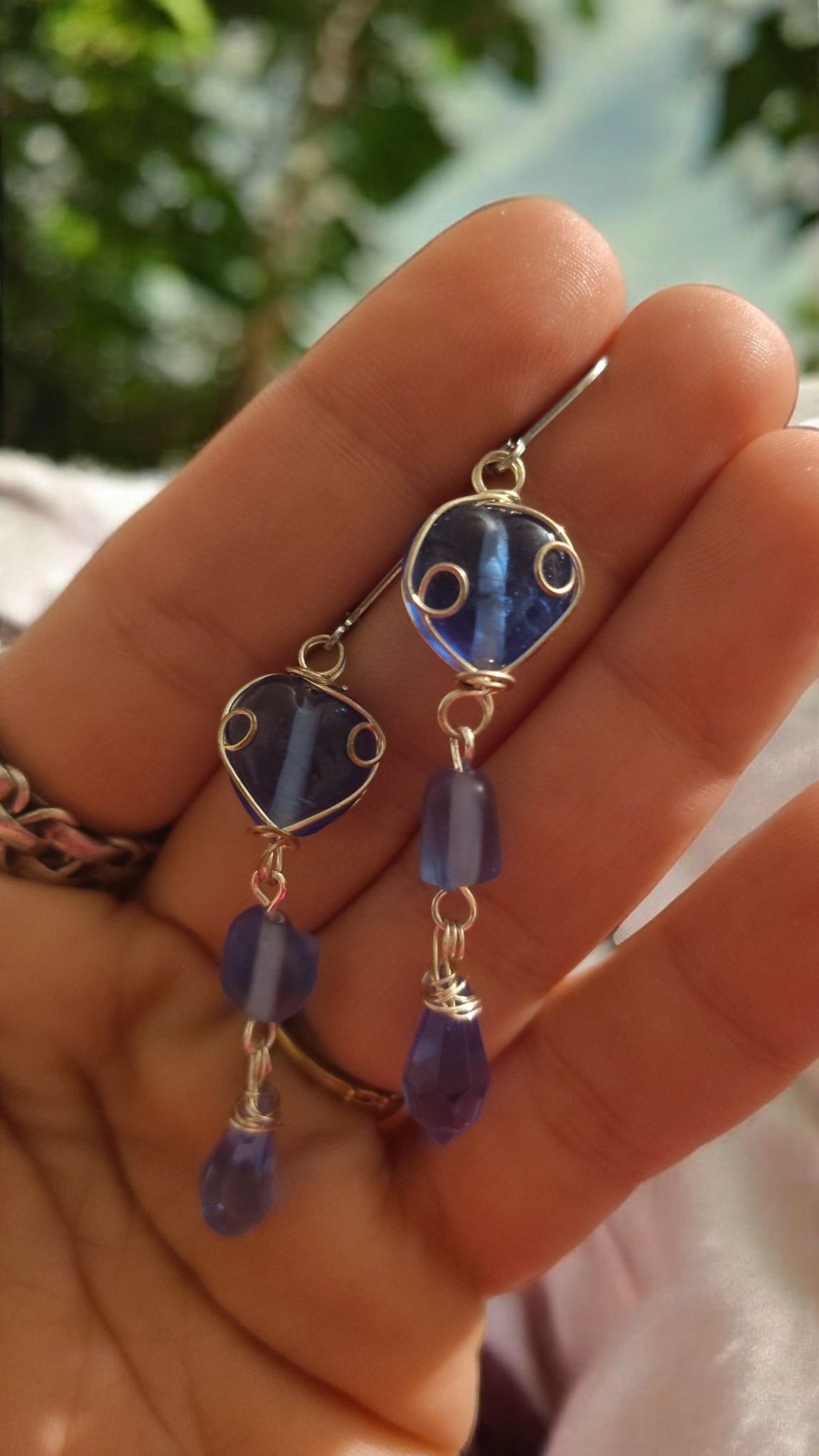 Blue Wire-Wrapped Heart Dangle Earrings