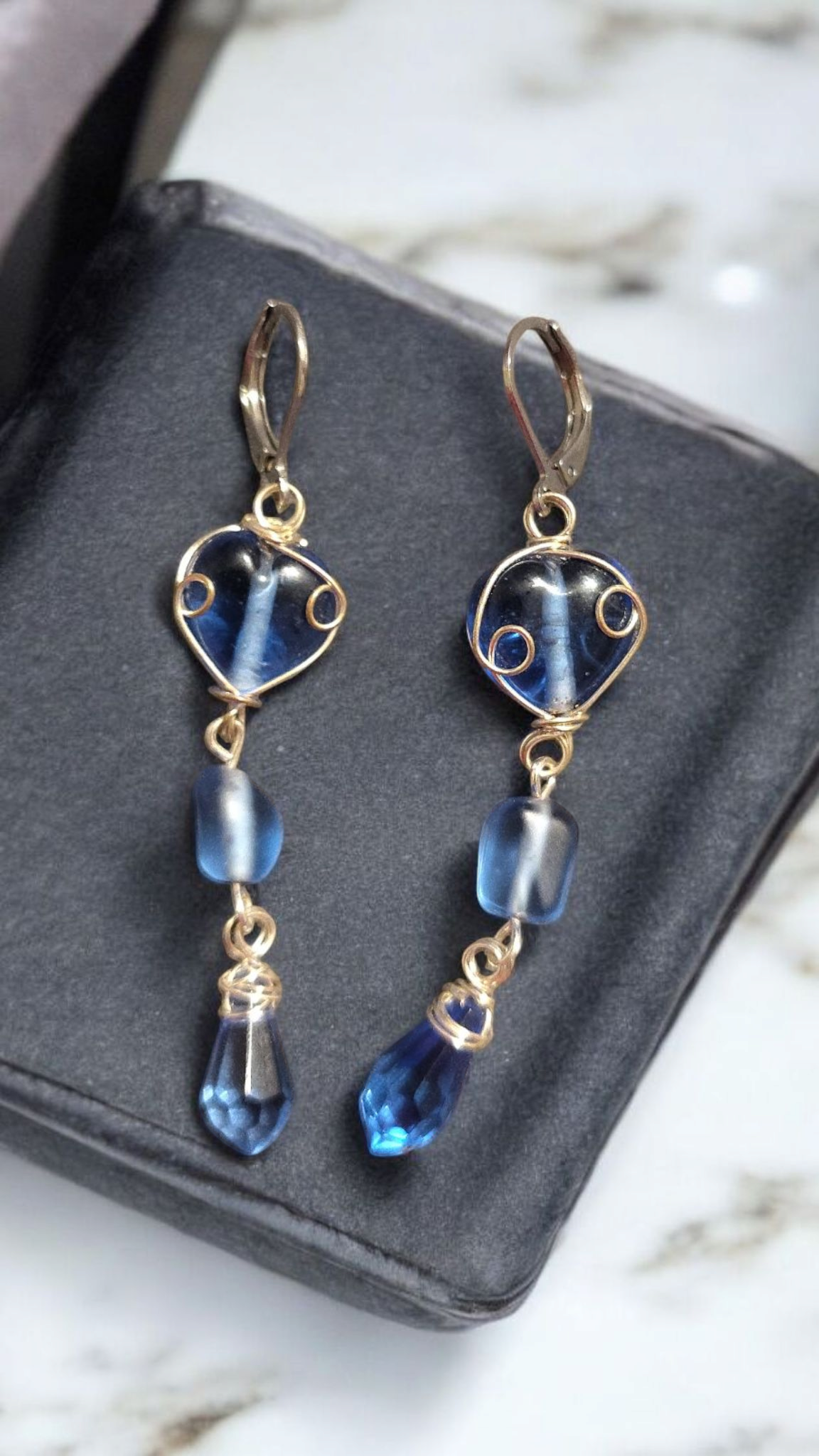 Blue Wire-Wrapped Heart Dangle Earrings