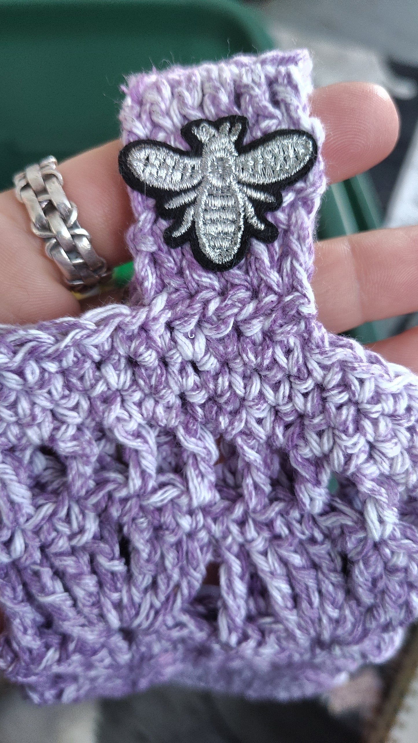 Crocheted Water Bottle Holder - Purple with Silver Bee