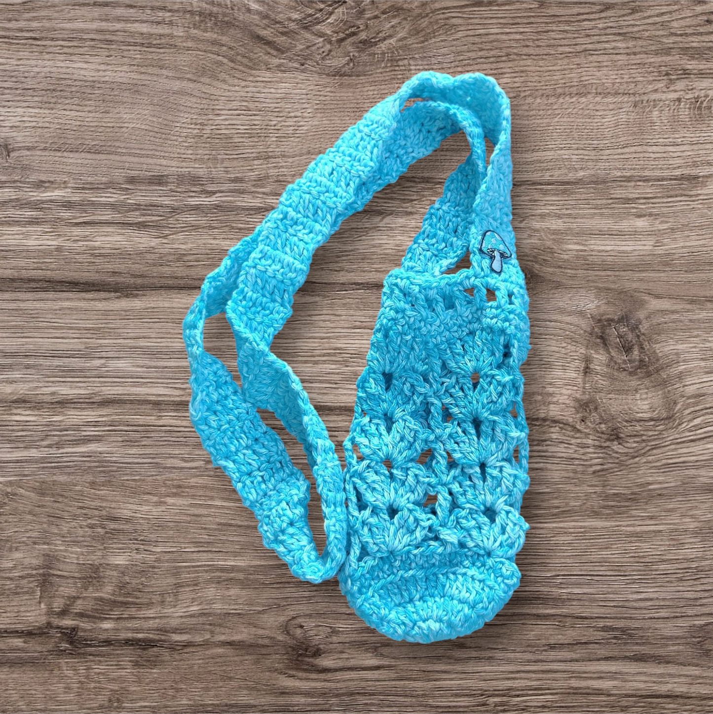 Crocheted Water Bottle Holder - Blue With Mushroom