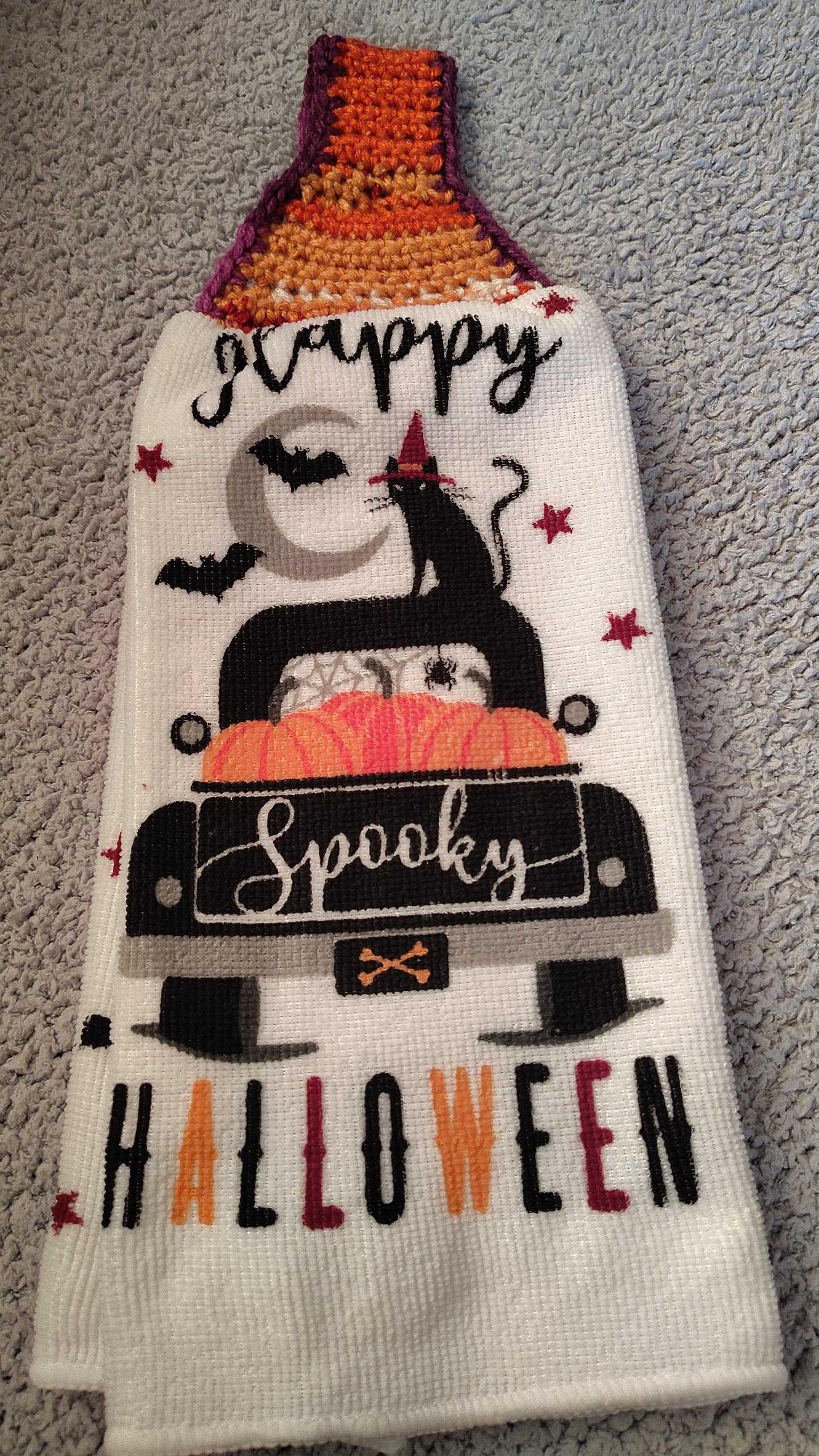 Crochet-topped Microfiber Hanging Kitchen Towel (Happy Spooky Halloween)
