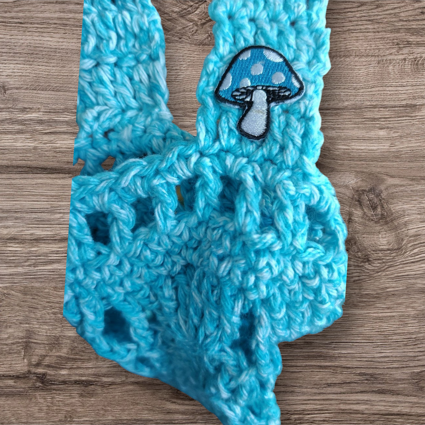 Crocheted Water Bottle Holder - Blue With Mushroom