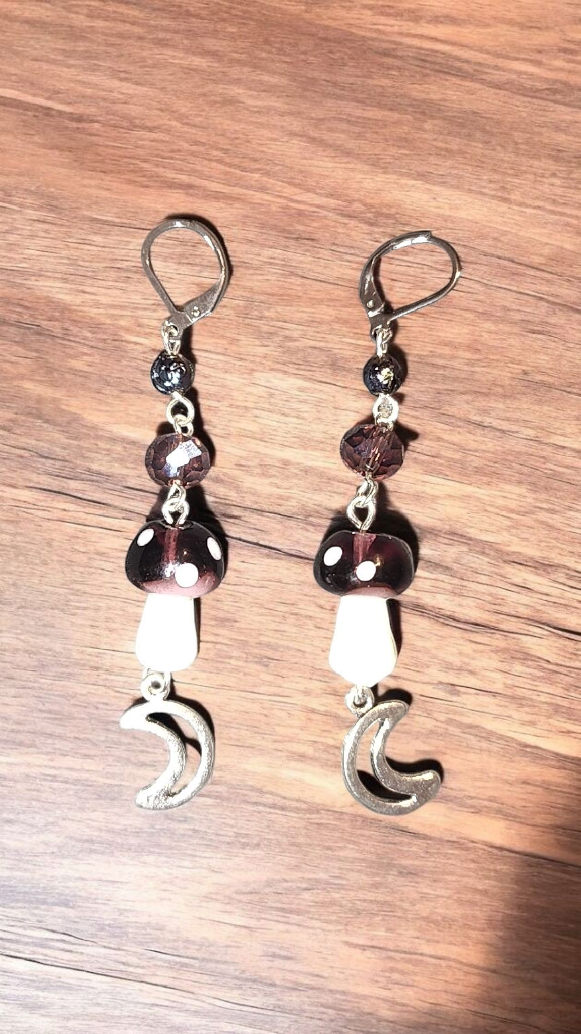 Purple Mushroom and Moon Dangle Earrings