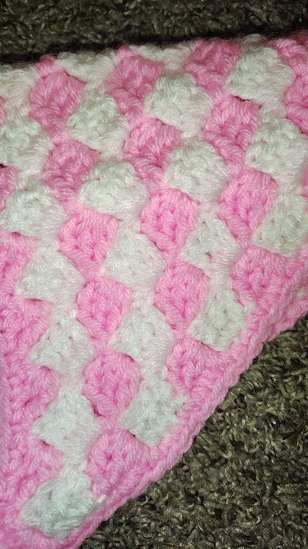 Crocheted Pink and White Checkerboard Bandana Headscarf