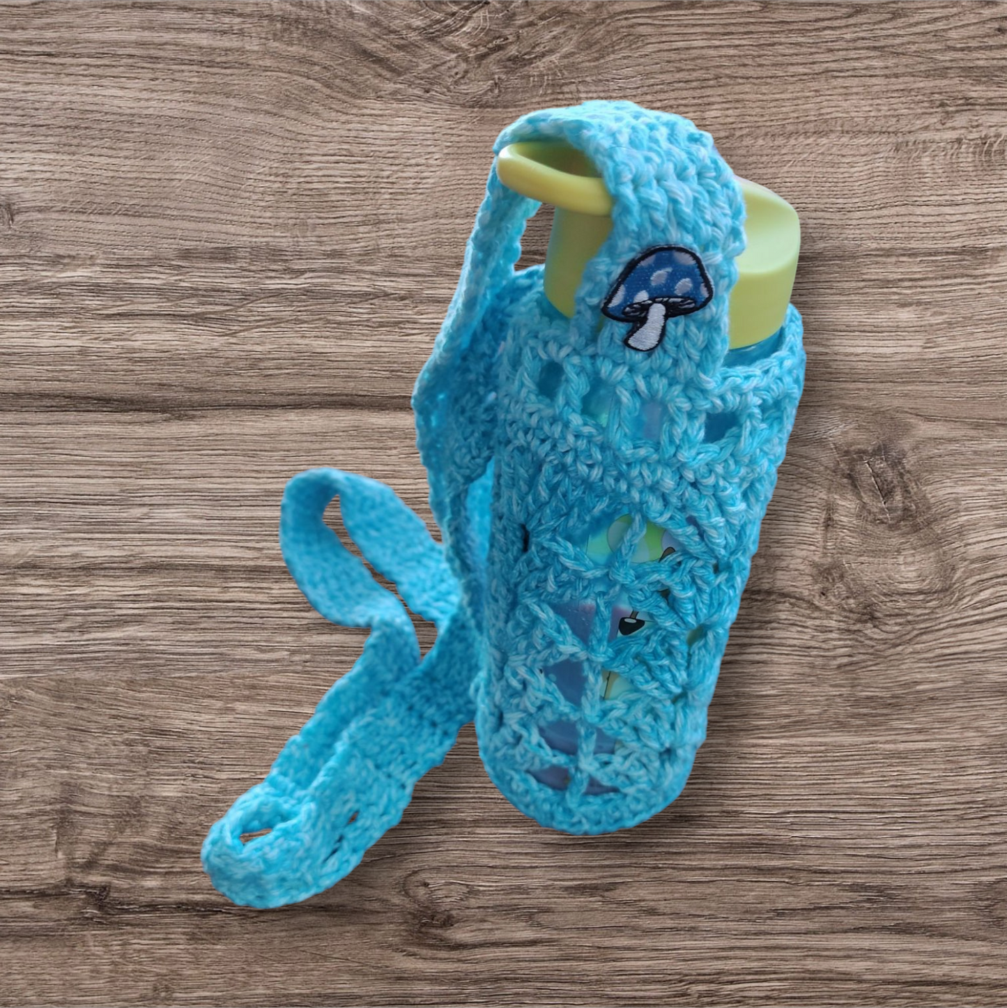 Crocheted Water Bottle Holder - Blue With Mushroom