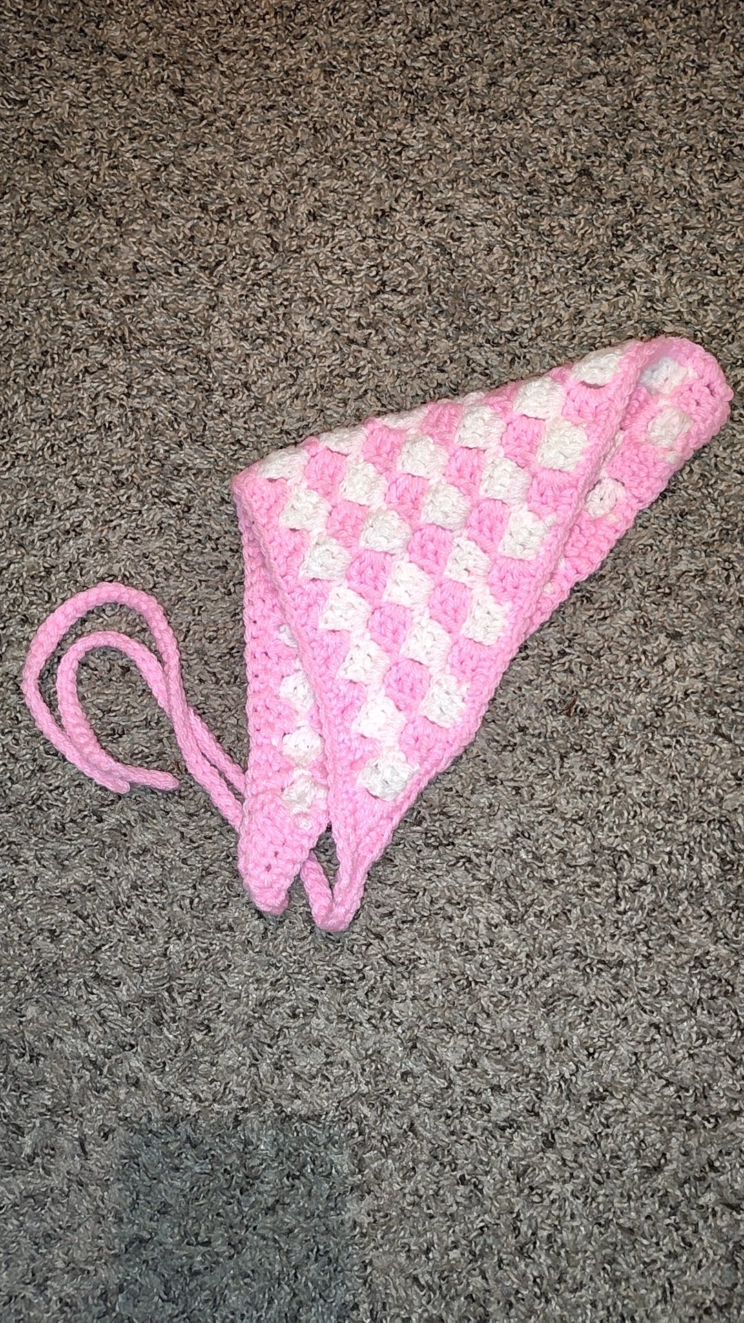 Crocheted Pink and White Checkerboard Bandana Headscarf