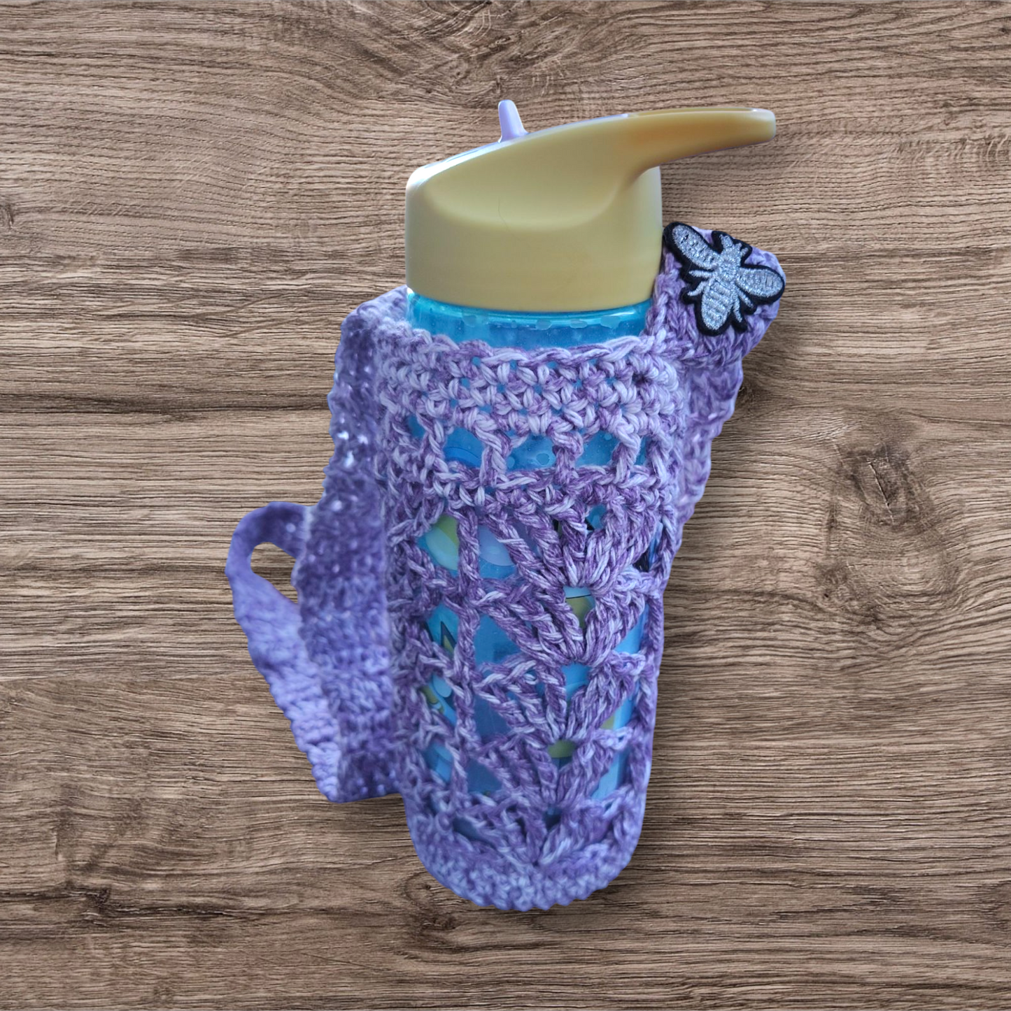 Crocheted Water Bottle Holder - Purple with Silver Bee
