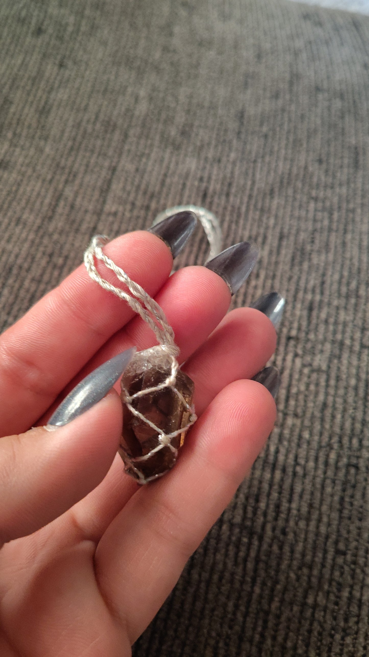 Silver Cord Macrame Raw Smoky Quartz Necklace