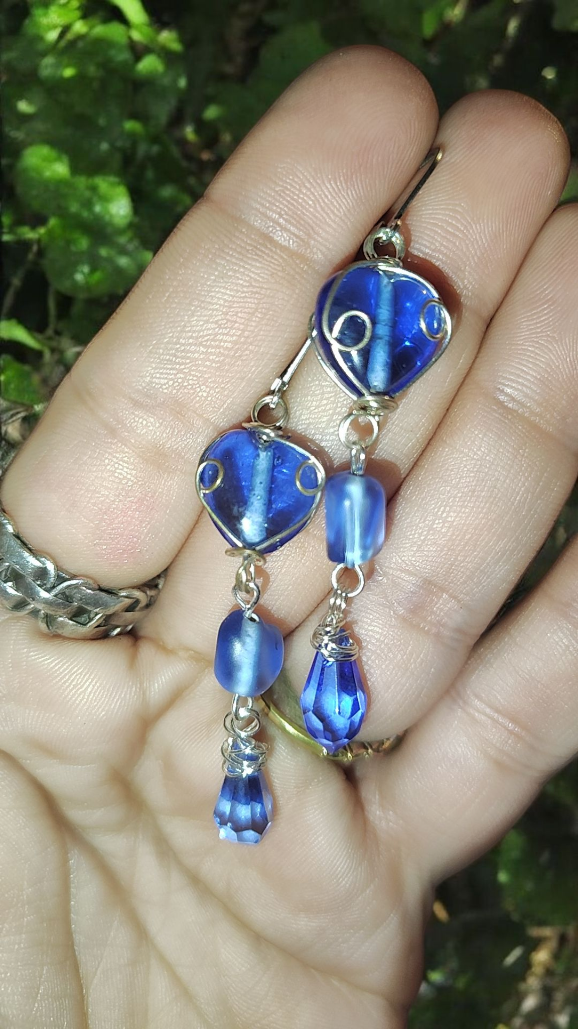 Blue Wire-Wrapped Heart Dangle Earrings