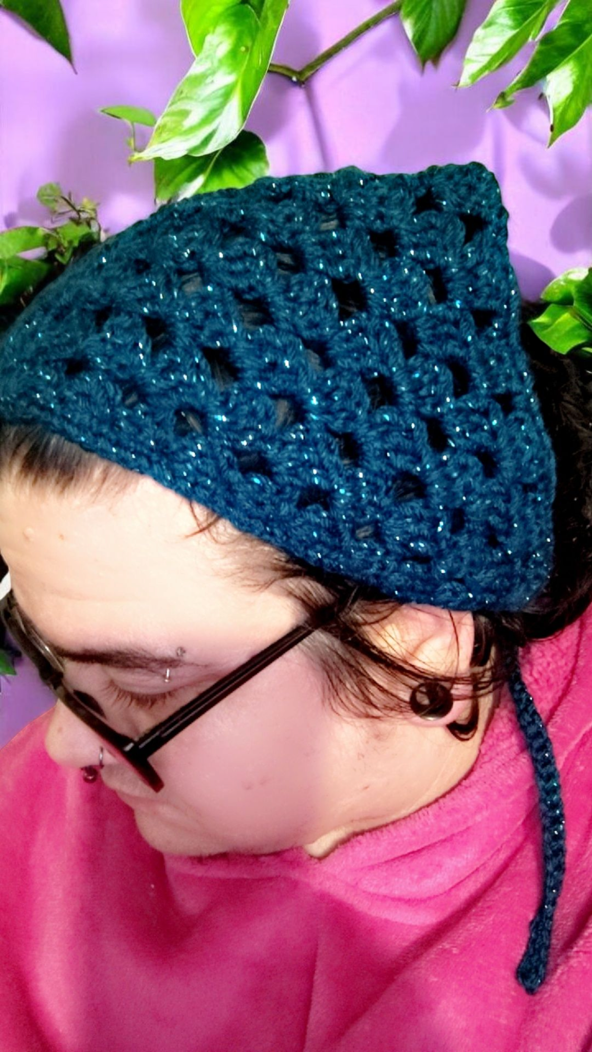 Crocheted Blue Sparkle Bandana Headscarf