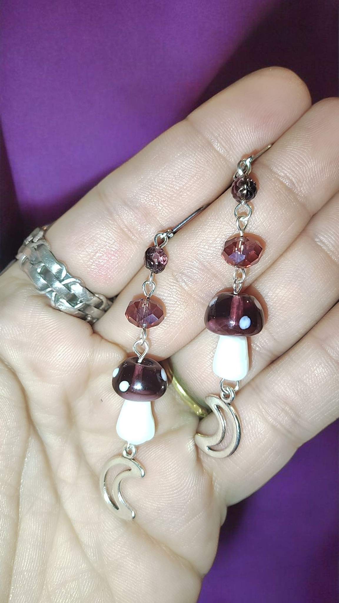 Purple Mushroom and Moon Dangle Earrings