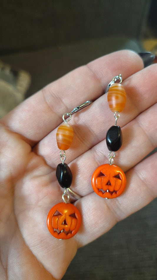 Dangle Halloween Orange and Black Pumpkin Earrings