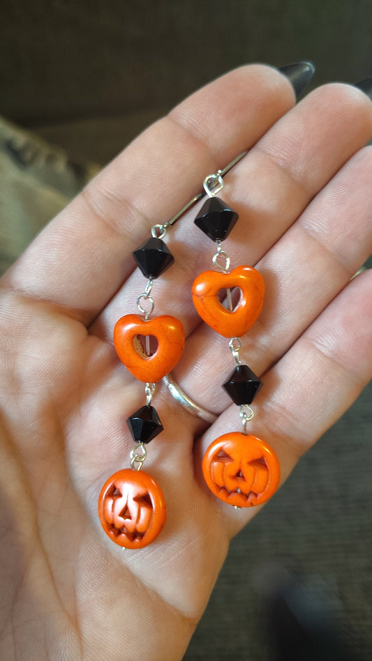 Long Dangle Halloween Heart and Pumpkin Earrings
