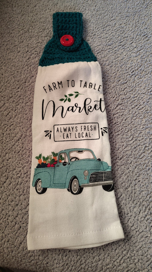 Crochet-topped Hanging Kitchen Towel (farm truck)