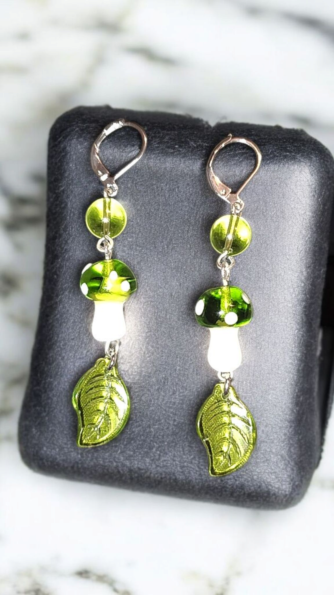 Green Glass Mushroom Dangle Earrings