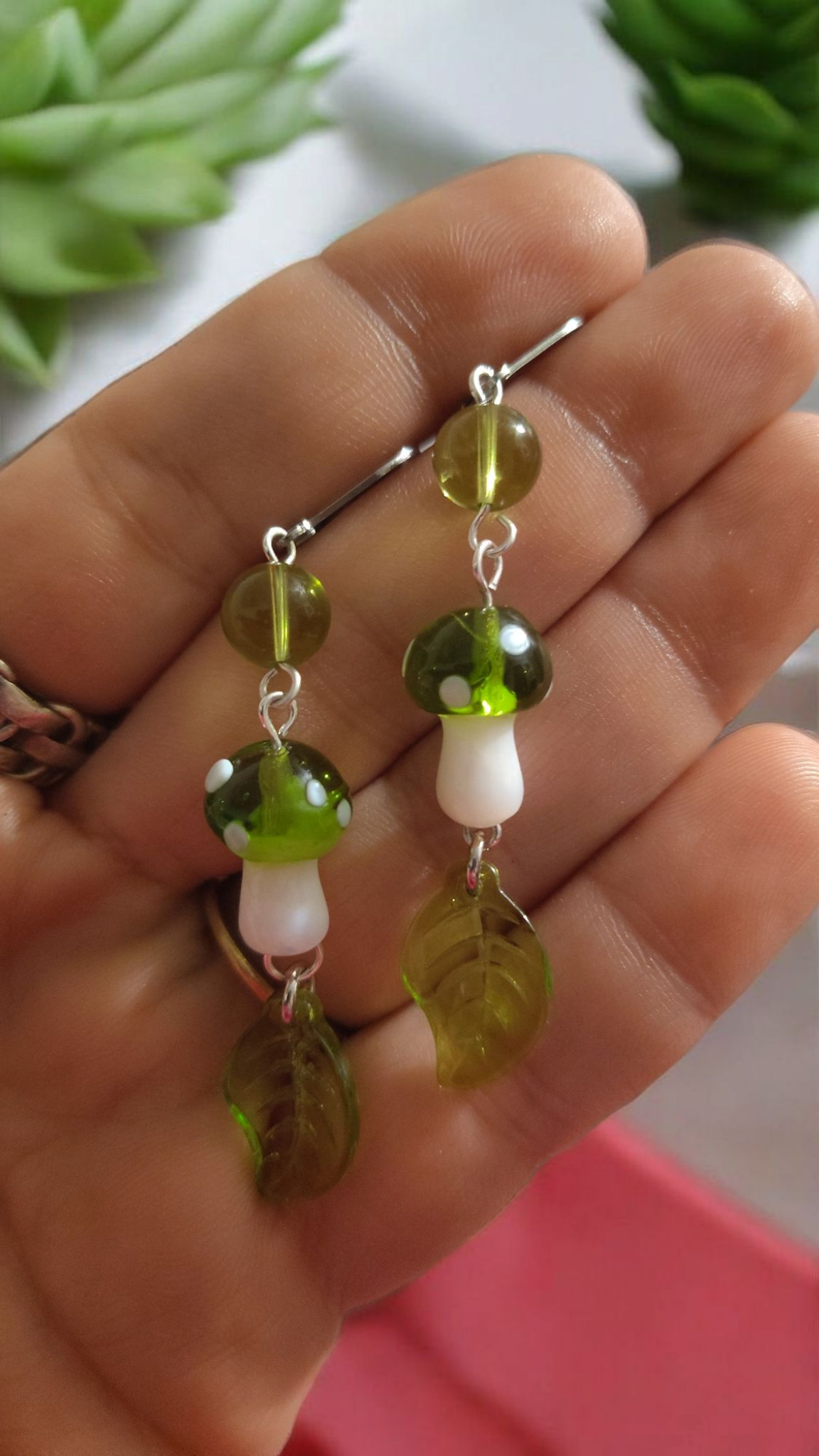Green Glass Mushroom Dangle Earrings