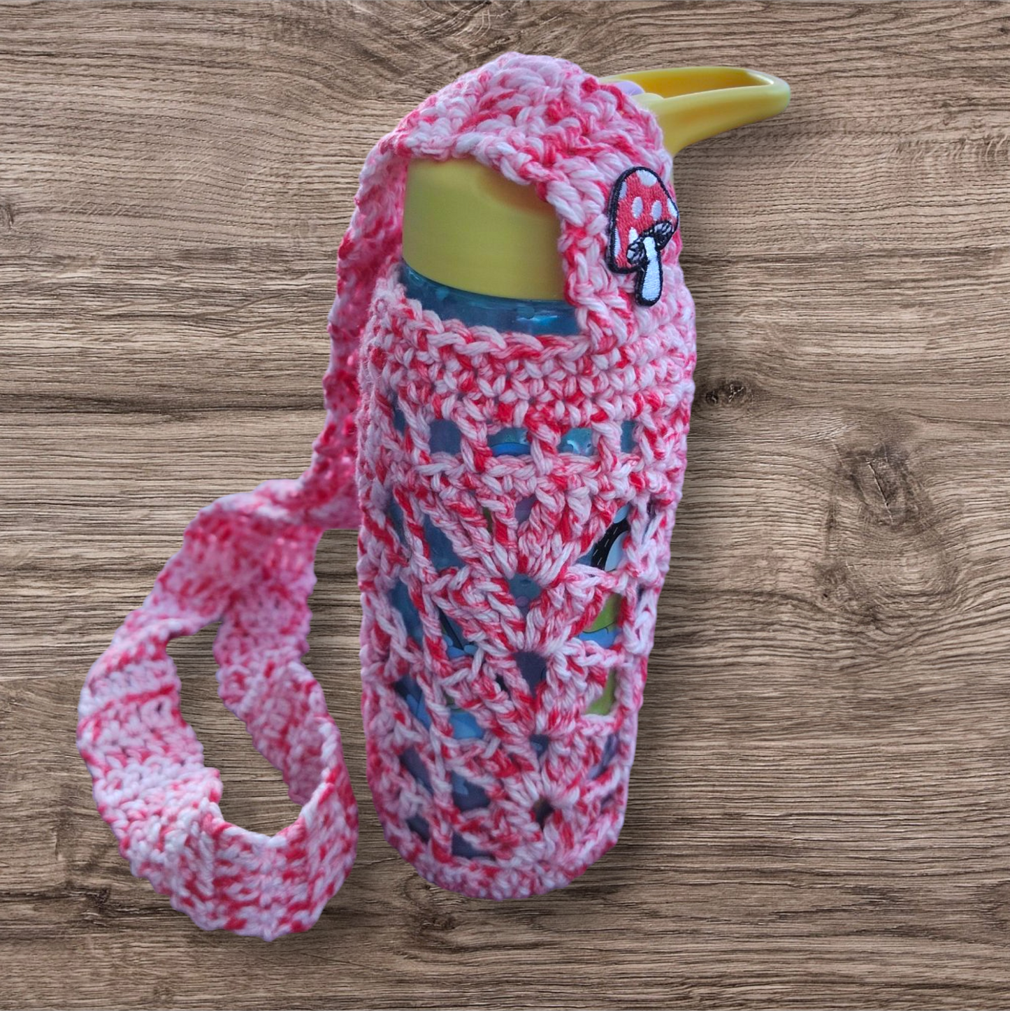 Crocheted Water Bottle Holder - Red With Mushroom