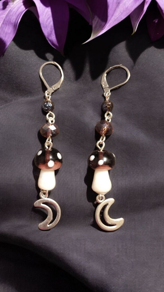Purple Mushroom and Moon Dangle Earrings