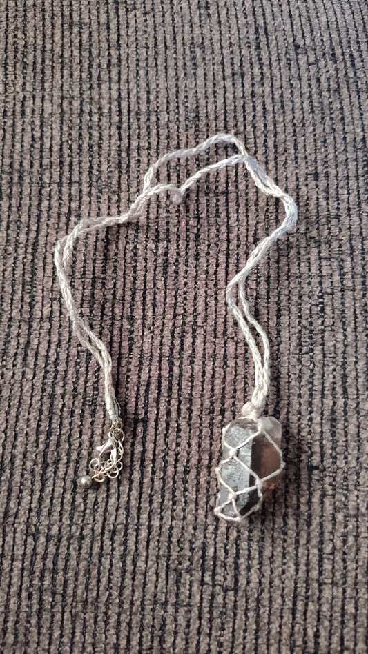 Silver Cord Macrame Raw Smoky Quartz Necklace