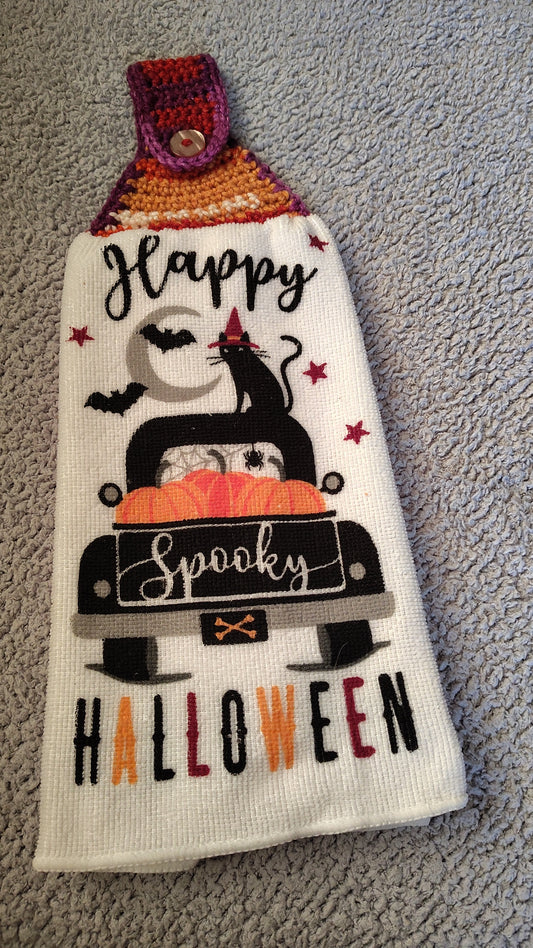 Crochet-topped Microfiber Hanging Kitchen Towel (Happy Spooky Halloween)