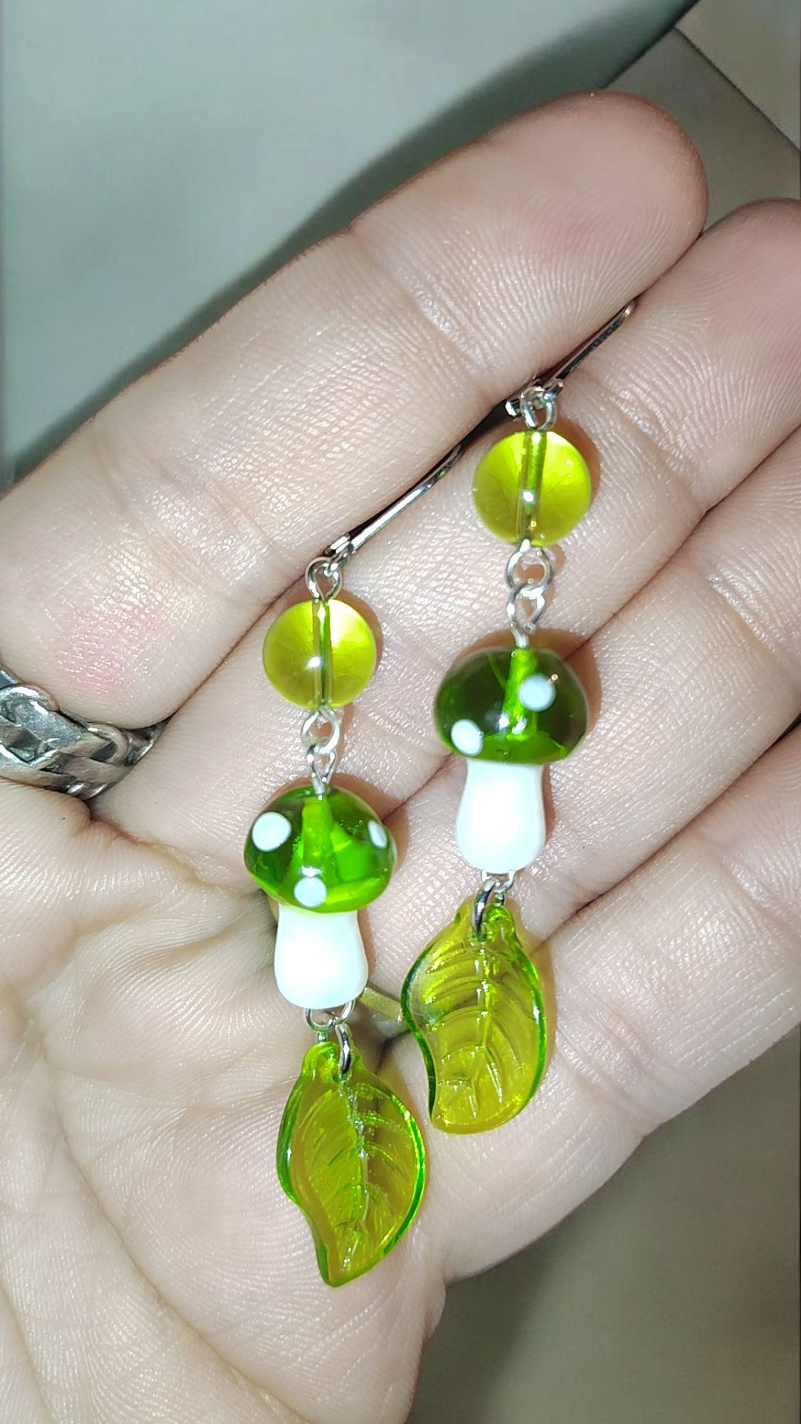Green Glass Mushroom Dangle Earrings