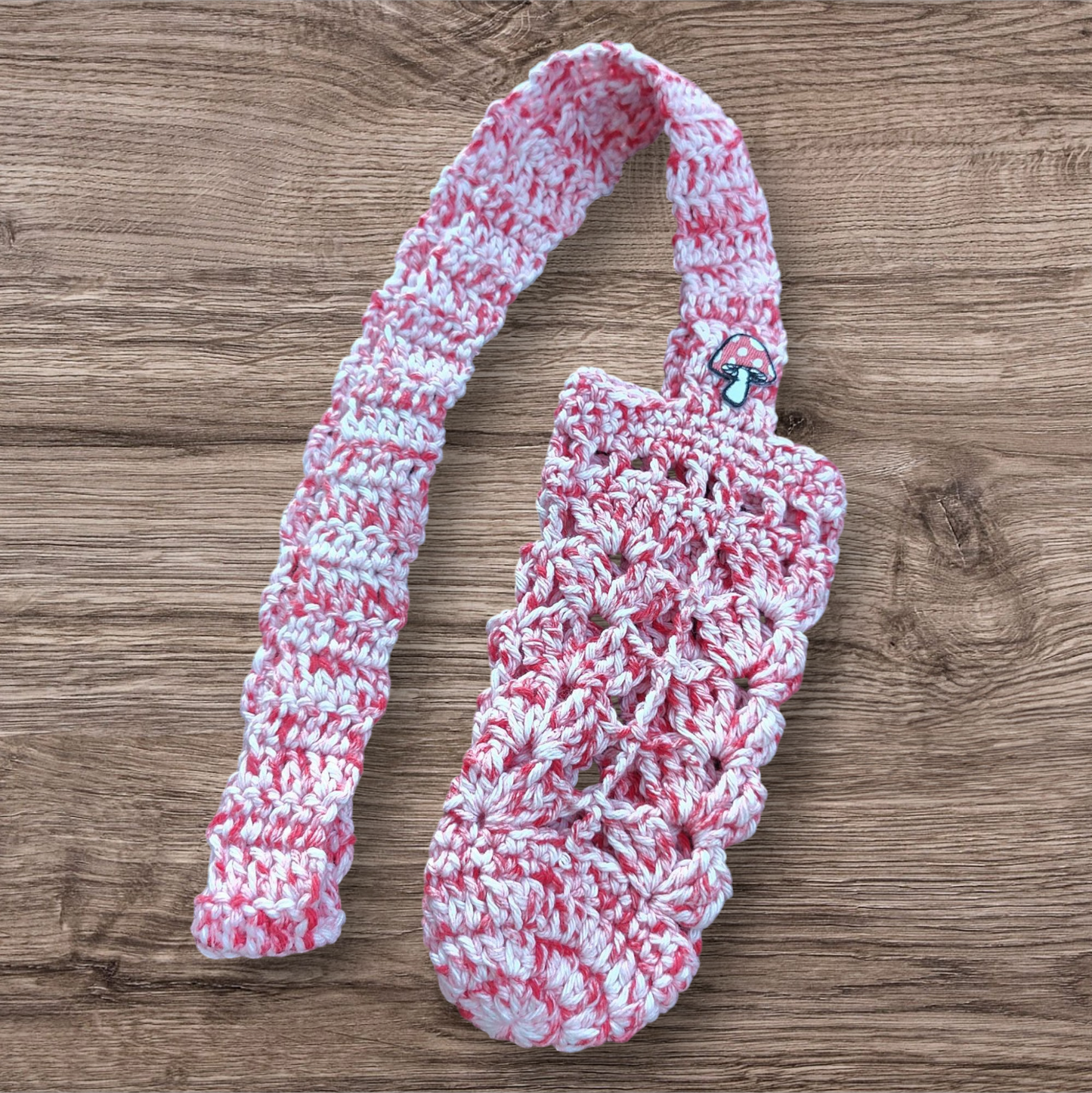 Crocheted Water Bottle Holder - Red With Mushroom
