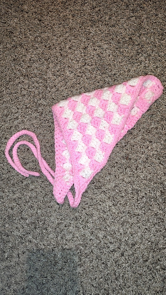 Crocheted Pink and White Checkerboard Bandana Headscarf