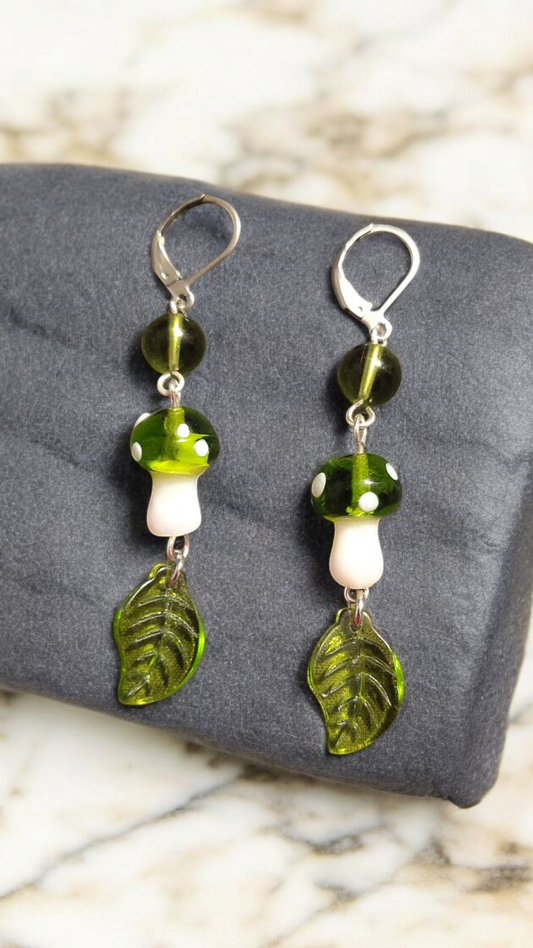 Green Glass Mushroom Dangle Earrings